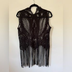 Zara Black Lace and Fringe Mock Neck Top / Size L